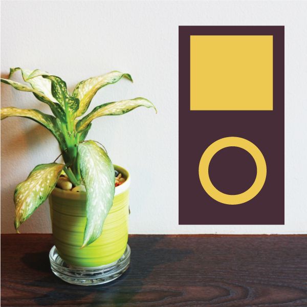 Portable MP3 player decal, dark maroon with yellow screen and circular dial