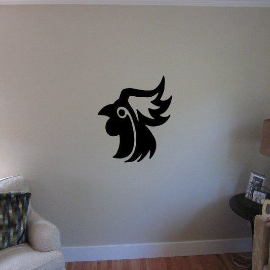 Black rooster head decal with stylized beak and feathers