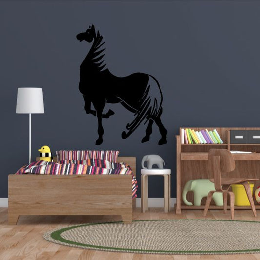 Posing show horse wall decal, black silhouette with detailed mane and tail