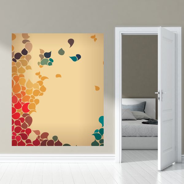 Colorful leaf-shaped vinyl wall decal with scattered abstract shapes