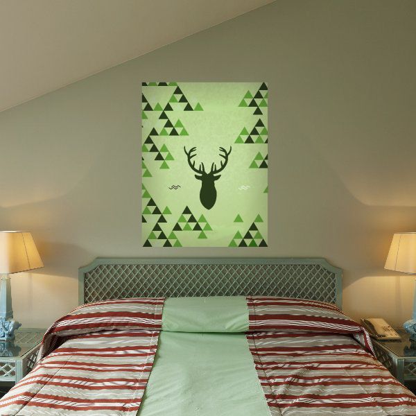 Green geometric vinyl wall decal with deer head silhouette, square design