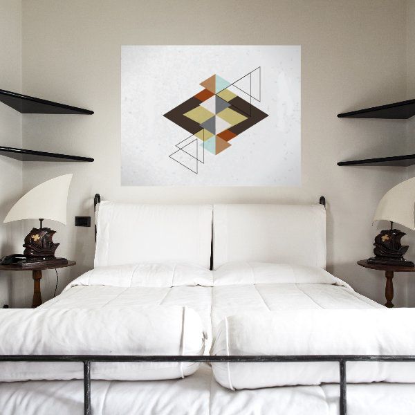 Geometric vinyl wall decal with multicolor squares and triangles on a light background
