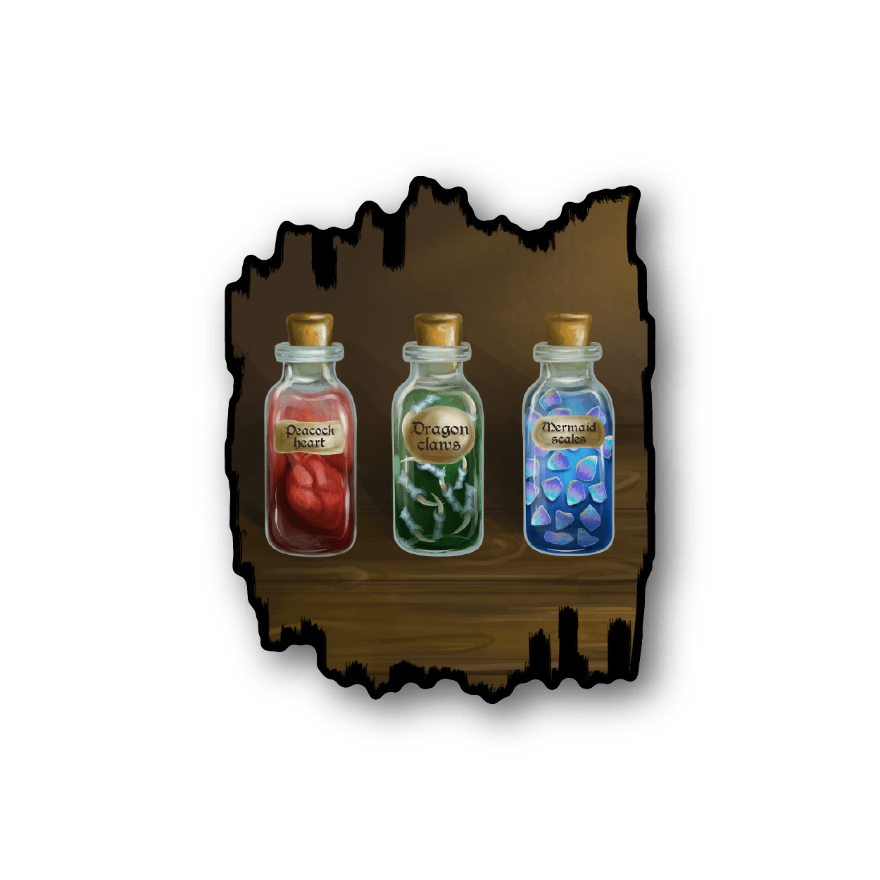 Vinyl potion sticker with three potion bottles in a torn-wood frame