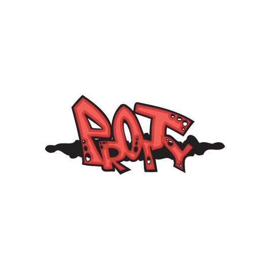 Red graffiti letter sticker with black outline and spray details