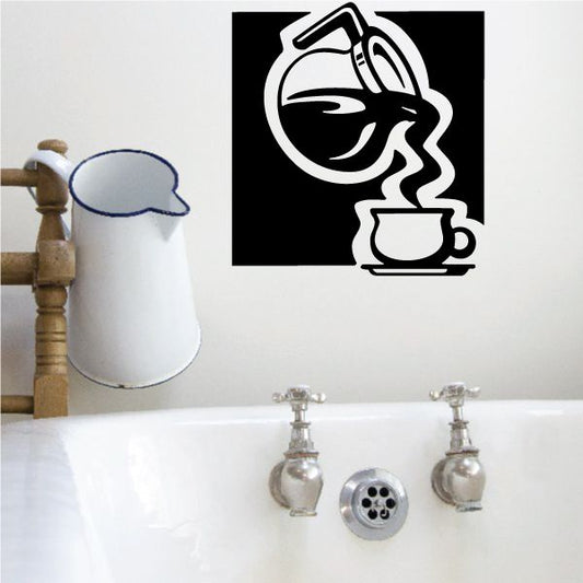 Coffee pouring decal in black-and-white with cup and pouring stream graphic