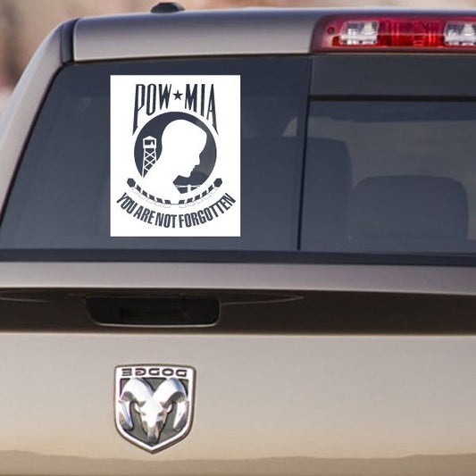 White POW*MIA 'Not Forgotten' car window decal with eagle-and-helmet emblem