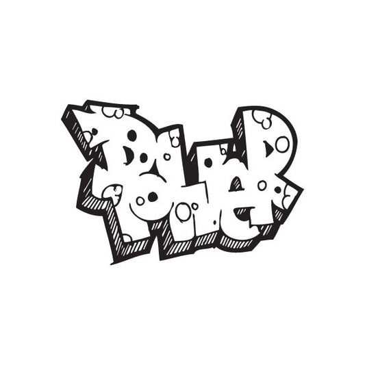Graffiti decal with black-and-white stylized lettering