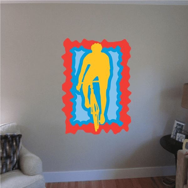 Cyclist sticker with red scalloped border, blue background, yellow pedal-power figure
