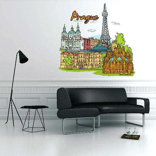 Prague sticker showing colorful Prague skyline and tower with 'Prague' lettering