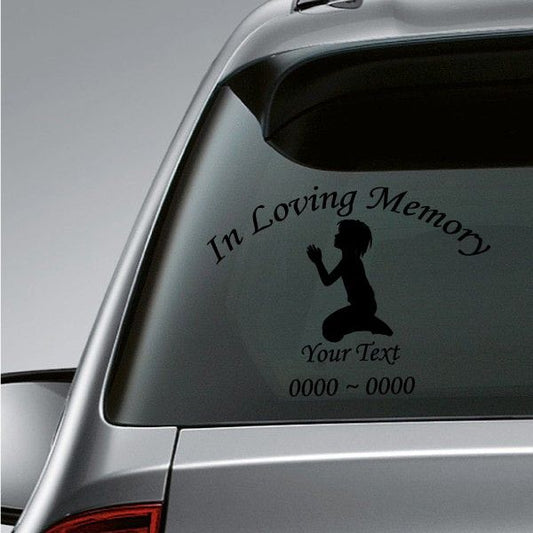 Car window decal: praying boy silhouette with 'In Loving Memory' text