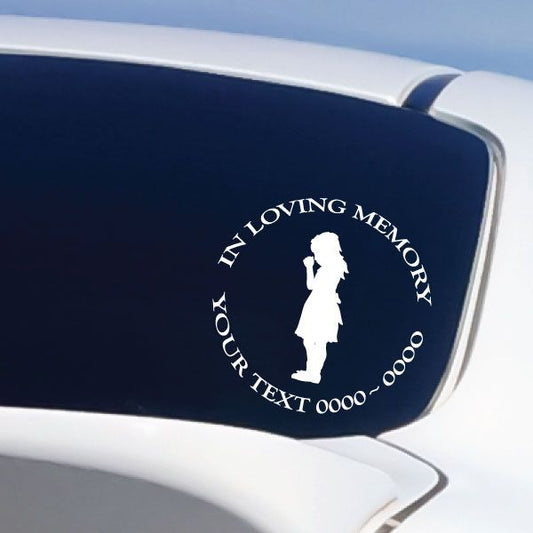 Memorial decal: praying girl silhouette with 'In Loving Memory' text