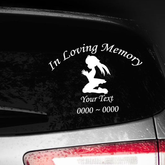 Memorial car decal with praying girl silhouette and 'In Loving Memory' text