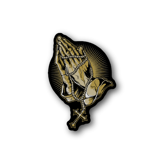 Vinyl sticker of praying hands holding a rosary, golden illustration