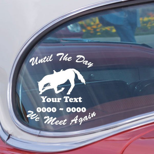 Custom car window decal with praying horse silhouette and memorial text in white