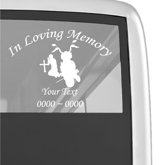 In Loving Memory motorcycle rider decal with praying silhouette and cross, white on dark