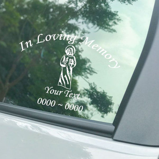 Memorial window decal with praying hands and "In Loving Memory" text