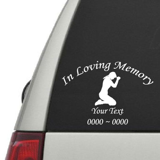 Black decal with white praying woman silhouette and 'In Loving Memory' text