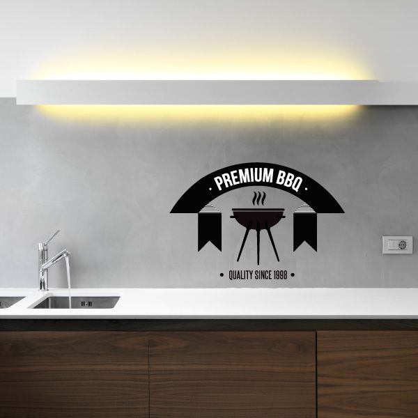 BBQ wall decal: black grill icon with PREMIUM BBQ arch and QUALITY SINCE 1998 text