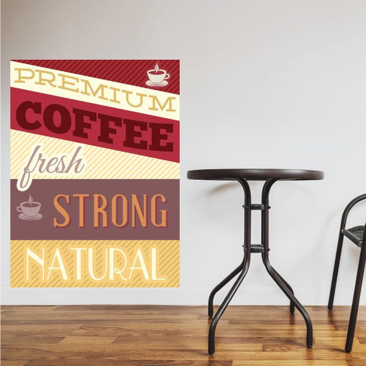Coffee sticker, red and beige 'fresh strong natural' text design