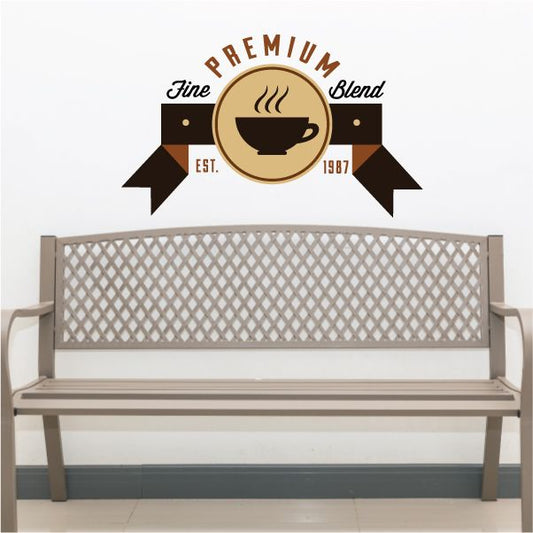 Coffee printed decal with 'Premium Fine Blend' logo and steaming cup graphic