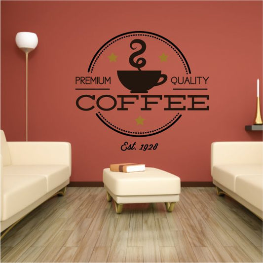 Coffee printed decal with central cup icon, bold COFFEE text, and Est. 1928
