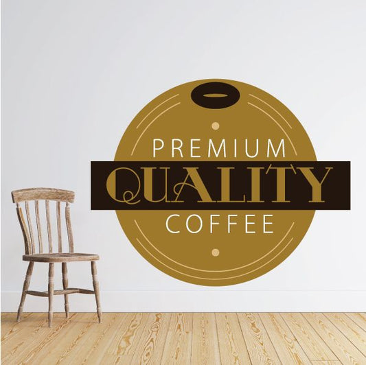 Round coffee sticker with gold lettering: Premium Quality Coffee and coffee icon