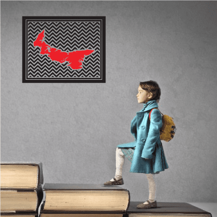 Chevron patterned sticker with red island map outline inside a square border