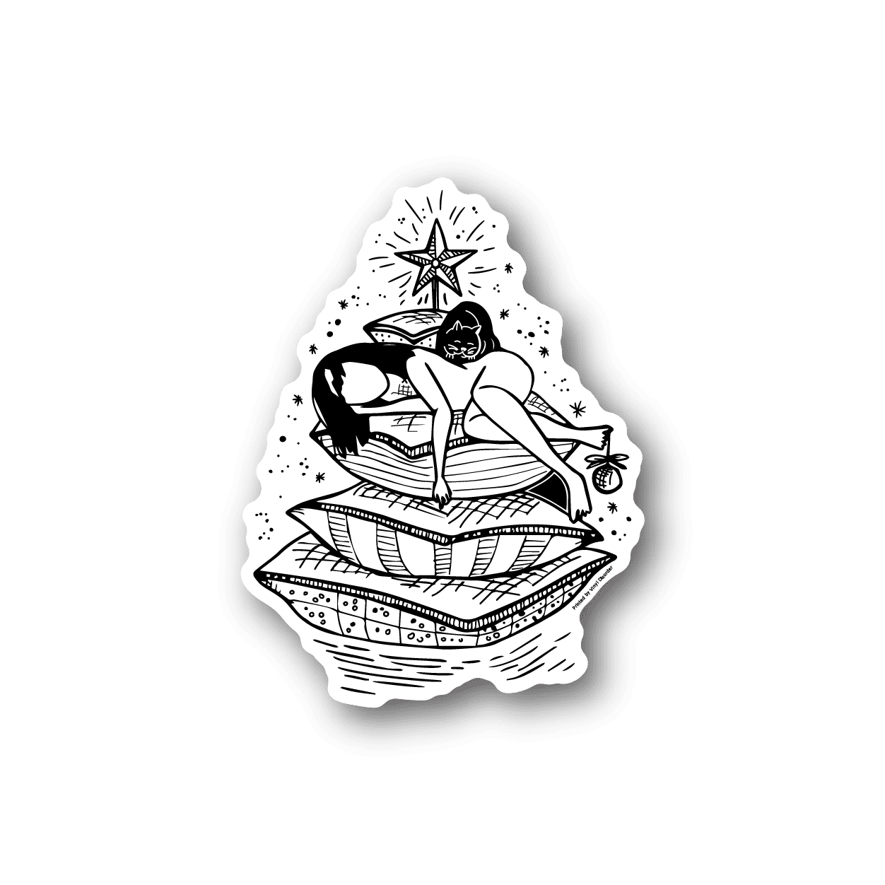 Sleeping princess vinyl sticker, black-and-white line art with star and cloud