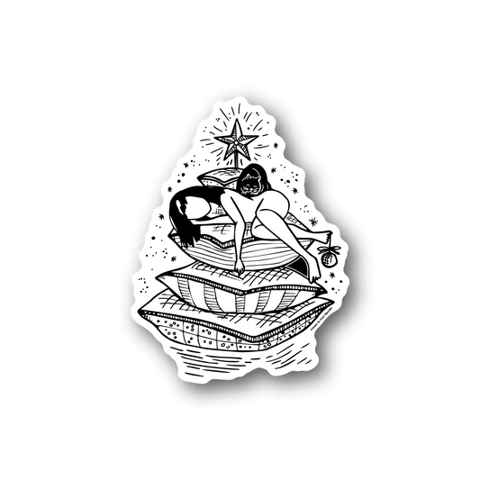 Sleeping princess vinyl sticker, black-and-white line art with star and cloud