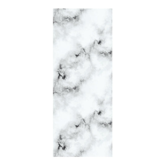 Marble-look vinyl door wrap with white and gray swirls