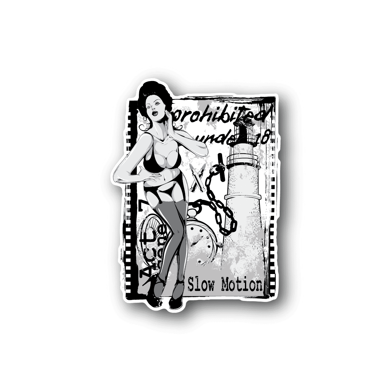 Vinyl sticker with pin-up woman illustration and bold prohibition text, glossy finish