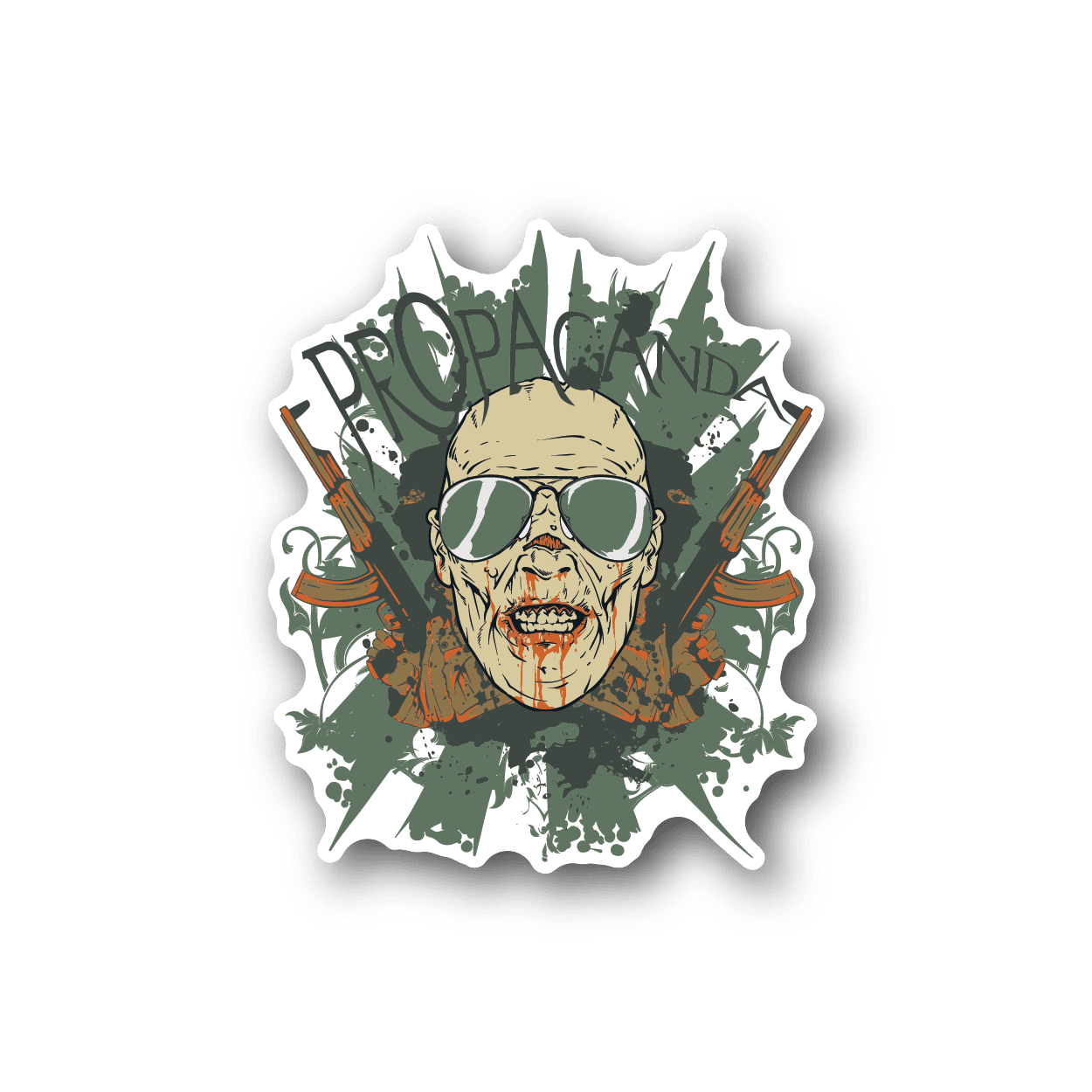 Vinyl sticker featuring a skull with sunglasses and green camouflage splatter