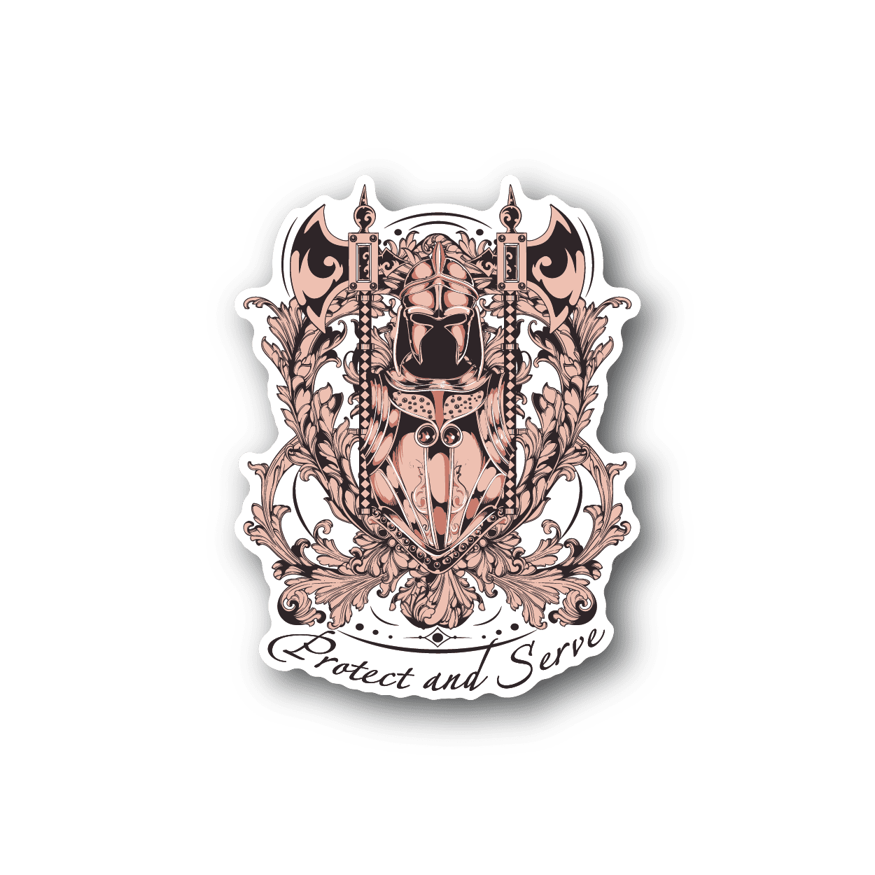 Vinyl sticker: warrior crest with 'Protect and Serve' text, ornate pink and black
