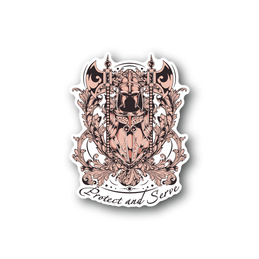 Vinyl sticker: warrior crest with 'Protect and Serve' text, ornate pink and black