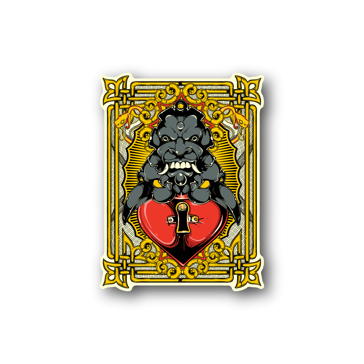 Vinyl sticker with ornate gold frame, red heart shield, and dark guardian figure