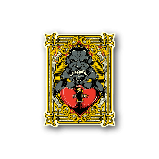 Vinyl sticker with ornate gold frame, red heart shield, and dark guardian figure