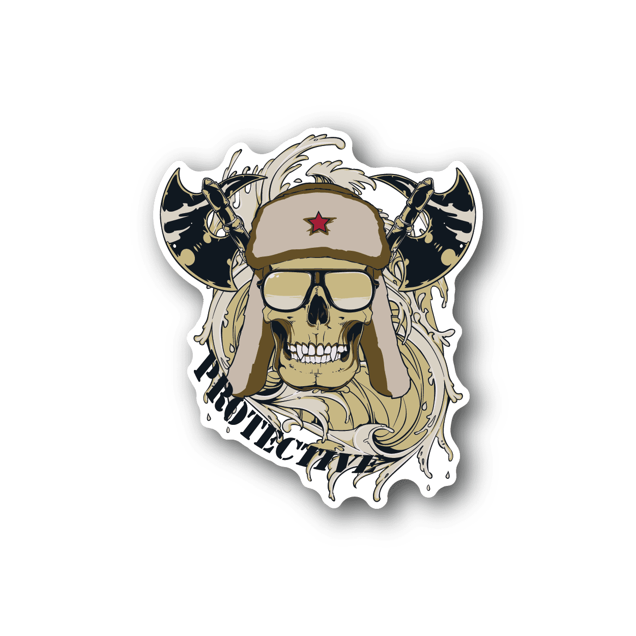 Protective skull vinyl sticker with long-hair figure, hat, sunglasses, and wraparound text