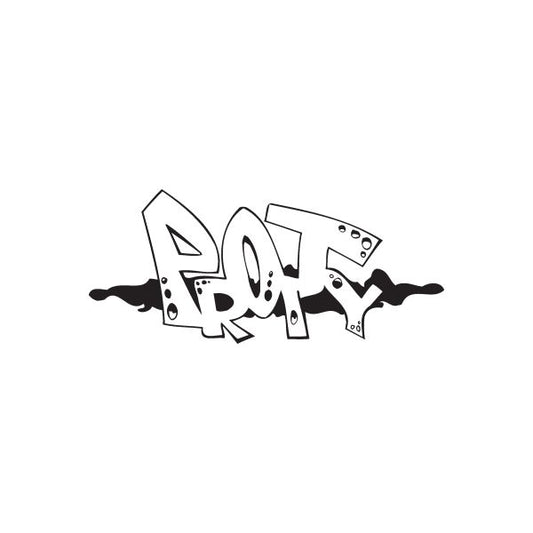 Graffiti decal with bold black and white spray-style letters and splatter