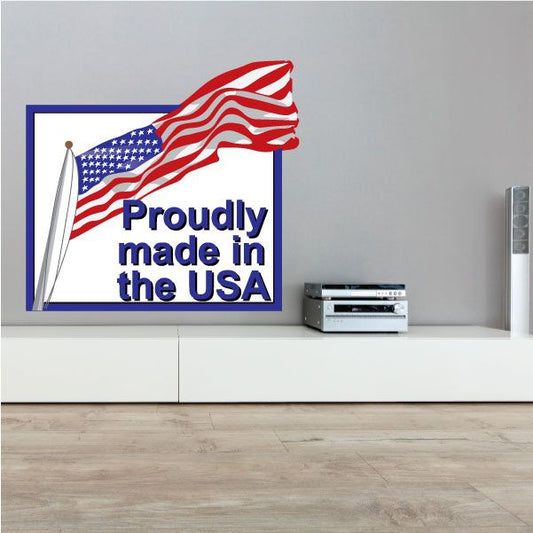 USA made sticker with waving American flag and blue text in white border