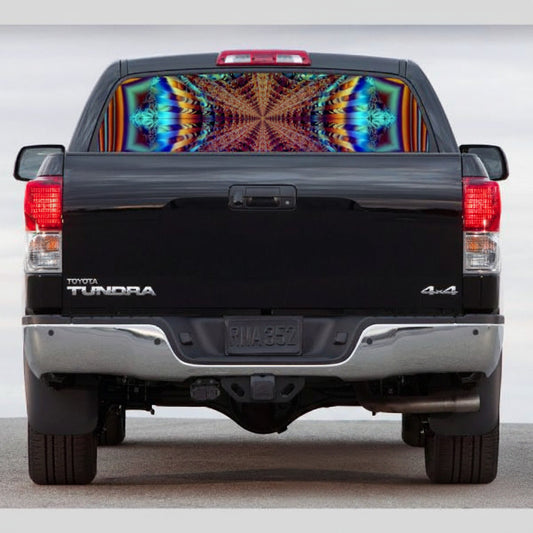 Rear window view graphic with psychedelic rainbow pattern in colorful spirals