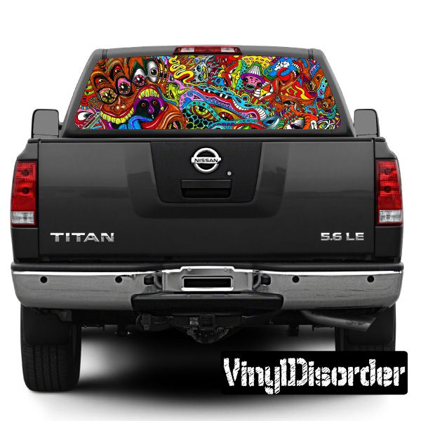 Pickup truck rear window graphic with colorful psychedelic illustration