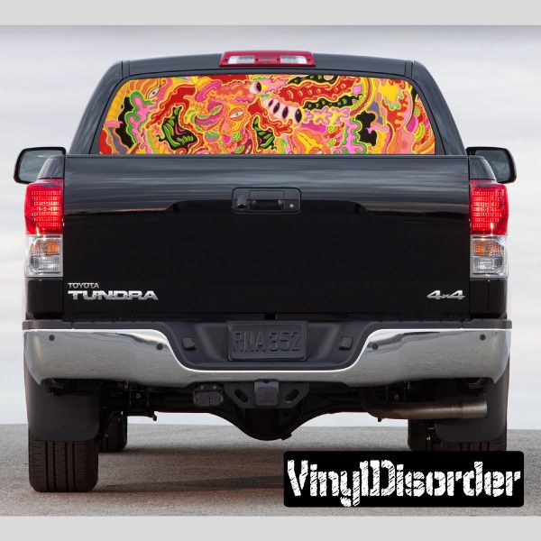 Colorful psychedelic rear window graphic decal for pickup truck