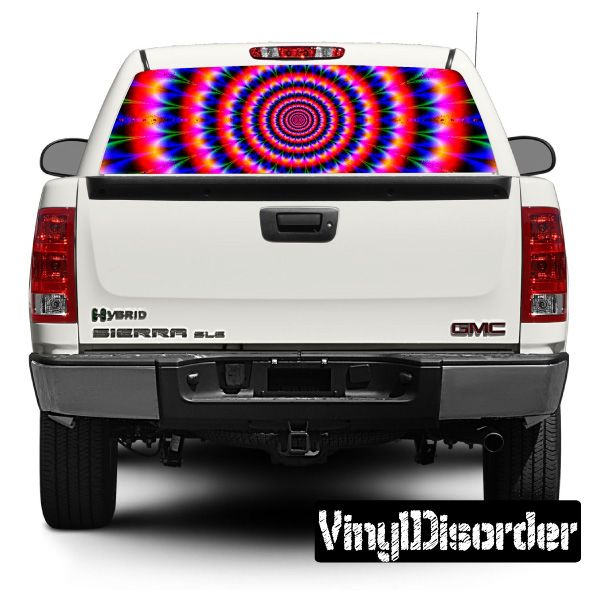 Psychedelic rear window graphic decal with colorful rainbow spiral pattern