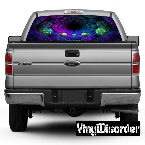 Rear window graphic with purple teal psychedelic pattern on gray truck tailgate