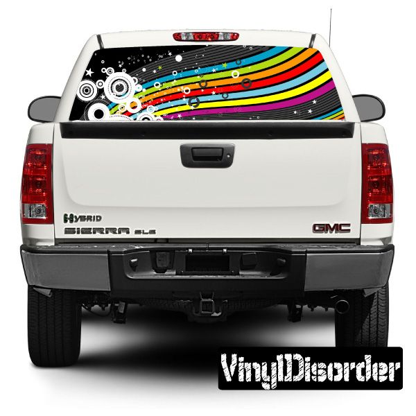 Pickup truck rear window graphic with colorful rainbow and circular patterns