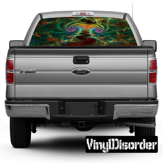 Psychedelic rear window graphic with multicolor abstract design on dark car