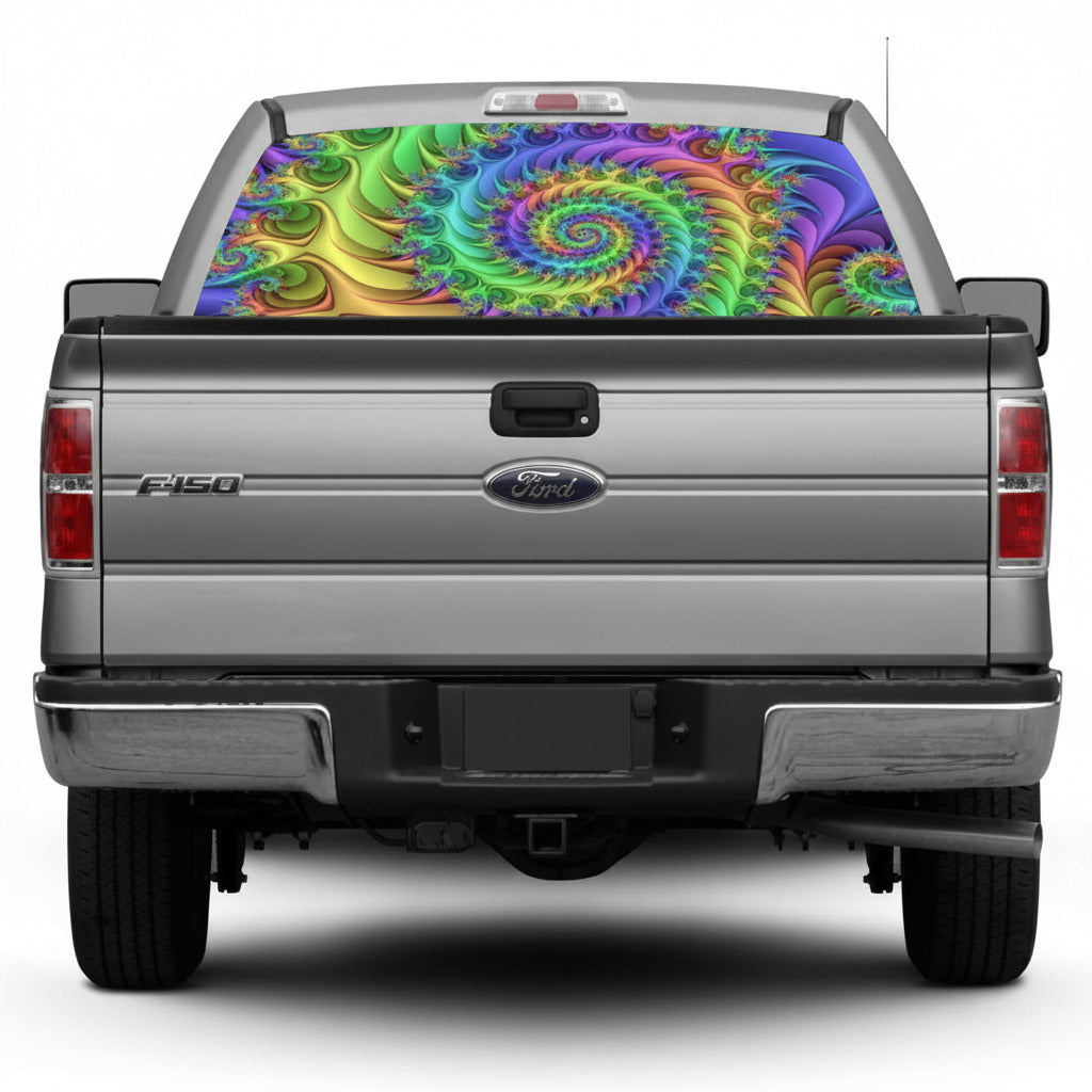 Pickup truck rear window graphic on gray tailgate, purple green spiral patterns