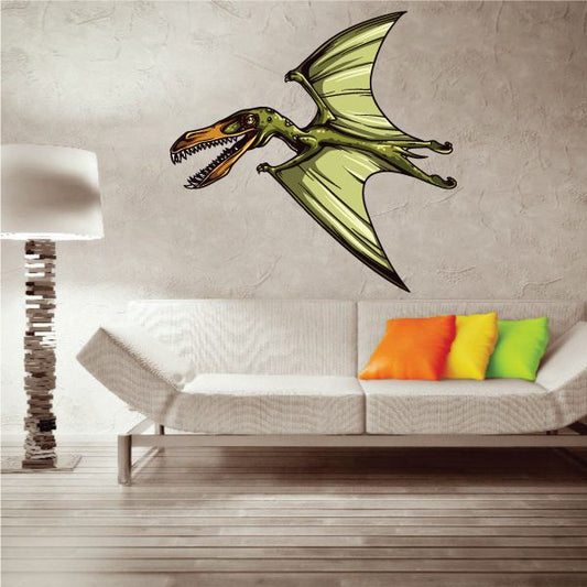 Green pterodactyl dinosaur wall decal with wings spread
