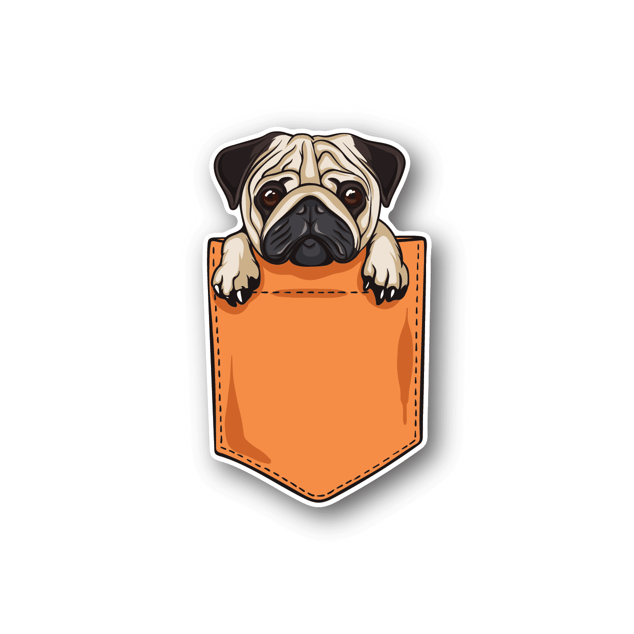 Vinyl sticker of a pug peeking from an orange pocket with outlined badge