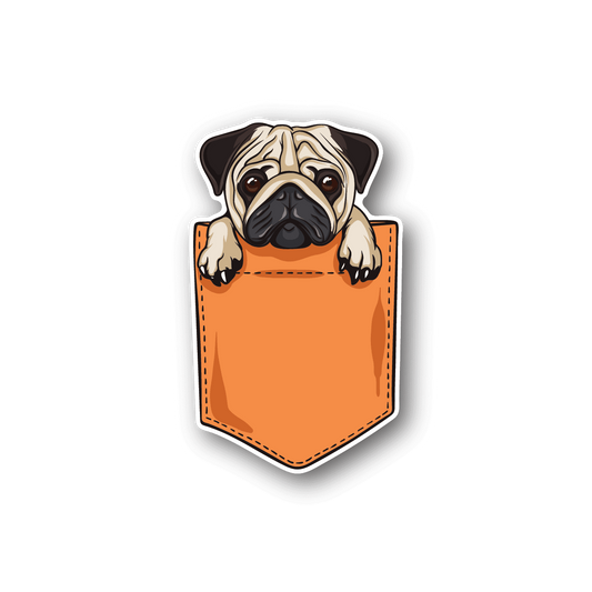 Vinyl sticker of a pug peeking from an orange pocket with outlined badge